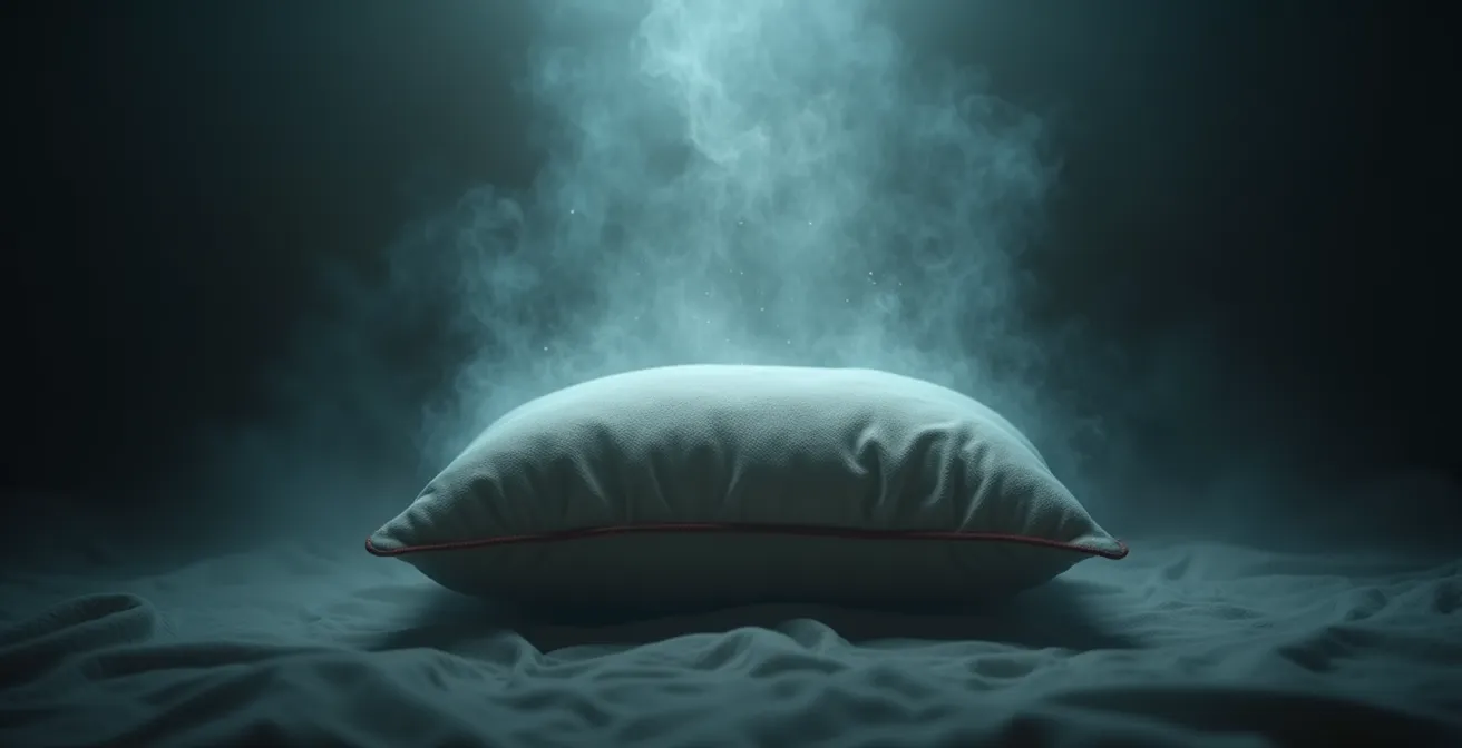 Visualisation symbolique des traitements chimiques invisibles dans les coussins, avec mise en avant des risques liés aux composés organiques volatils et autres substances toxiques.