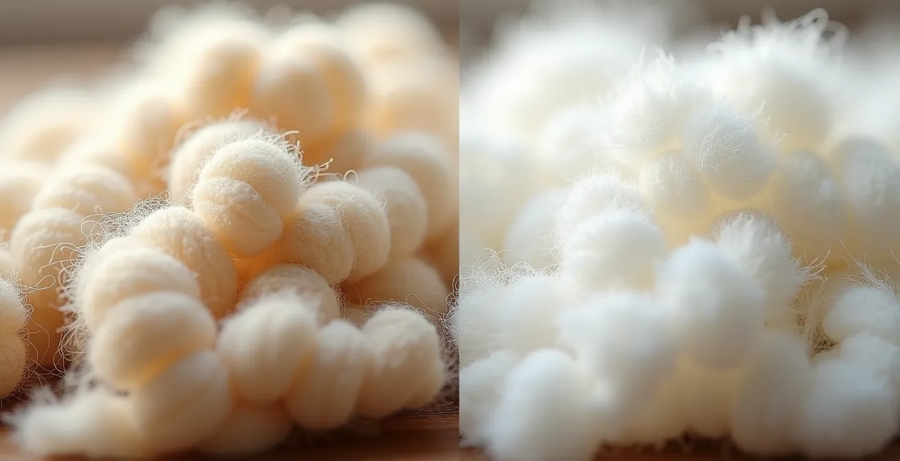 Vue macro de fibres de laine bio et de kapok côte à côte