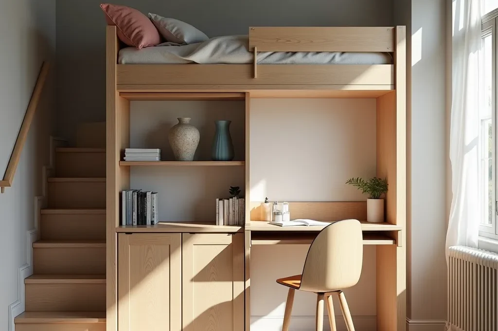 Comparaison visuelle entre solution verticale avec lit mezzanine et solution escamotable avec bureau rabattable dans une chambre de 7m²