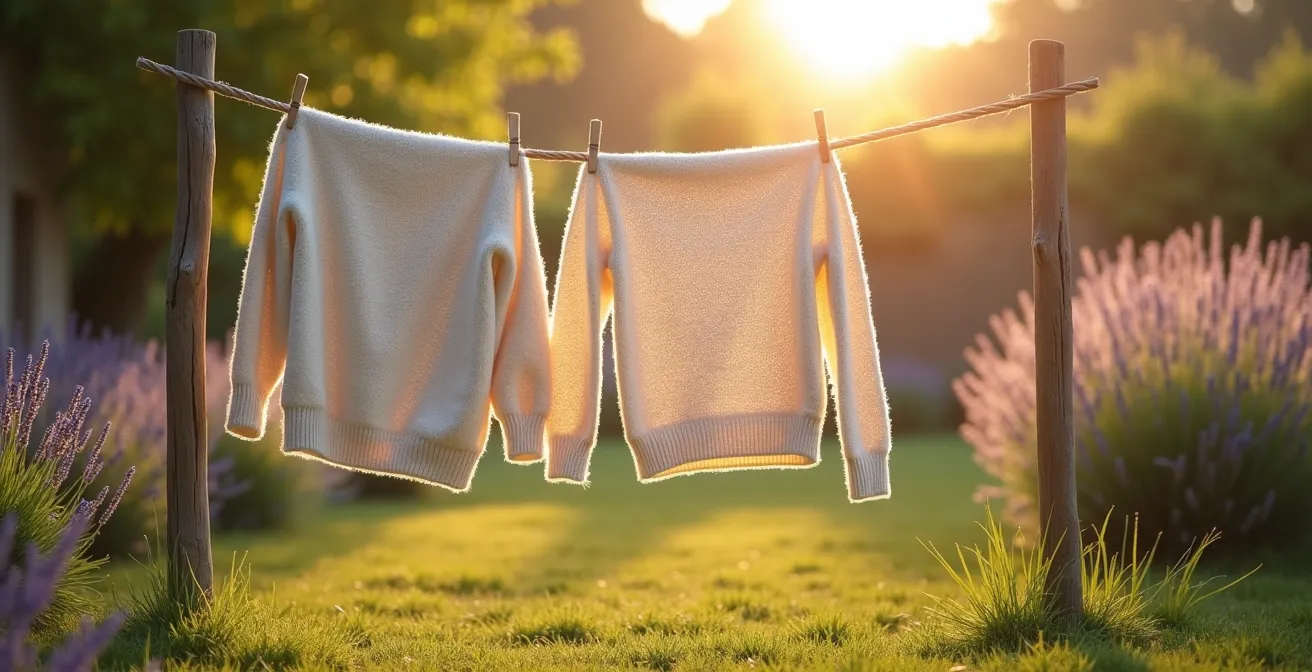 Vêtements en laine naturelle suspendus à l'extérieur pour aération