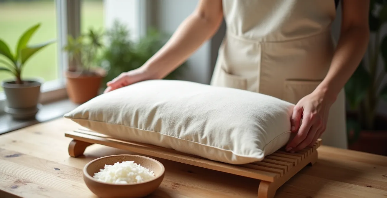 Coussin en laine séchant à plat sur une grille d'aération dans un intérieur lumineux