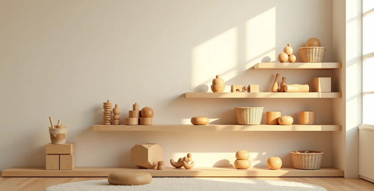 Étagères basses Montessori avec jouets en bois organisés par zones d'apprentissage