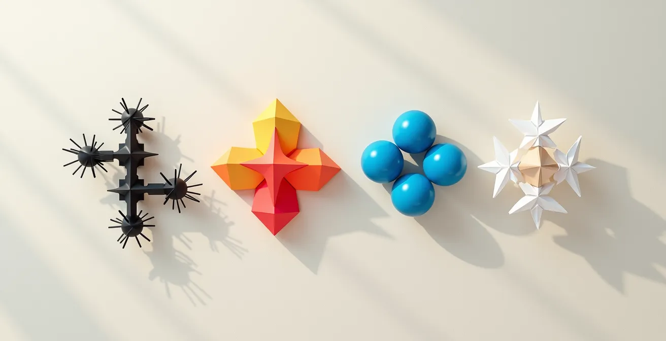 Quatre mobiles Montessori disposés en progression montrant l'évolution du noir et blanc aux couleurs