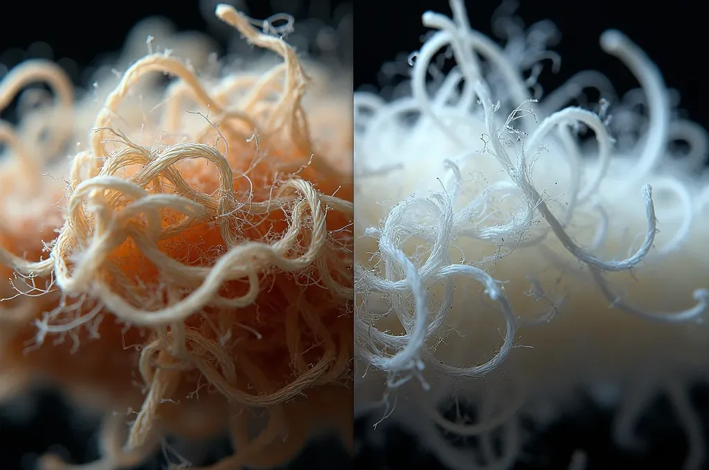 Vue macro comparative des fibres de lin longues et lisses et des fibres de coton courtes et duveteuses