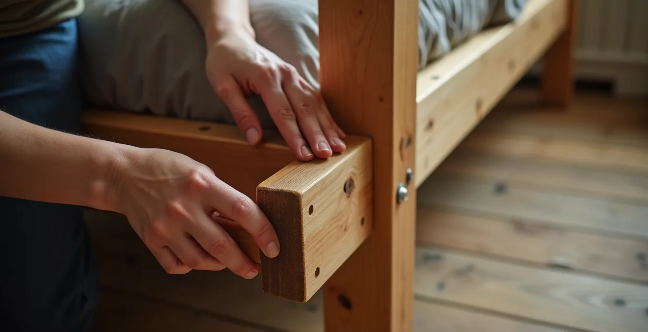 Inspection détaillée des points d'usure sur un lit évolutif en bois