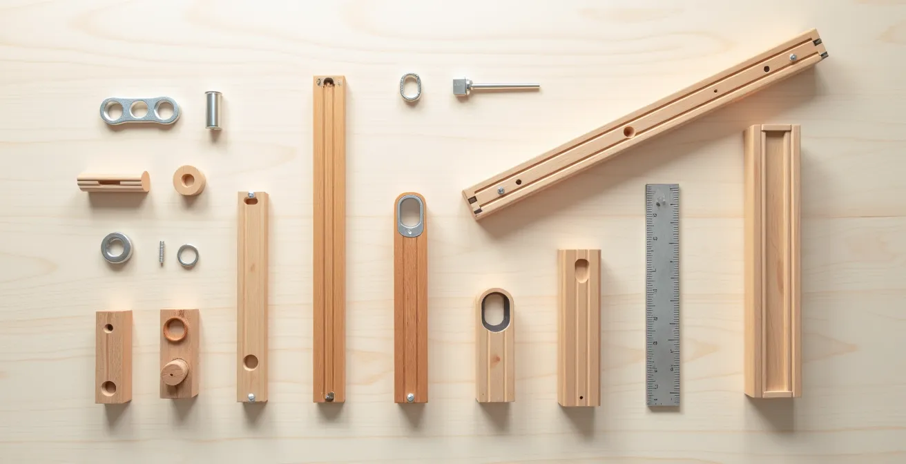 Vue éclatée des différents kits d'extension d'un meuble évolutif disposés sur une surface en bois