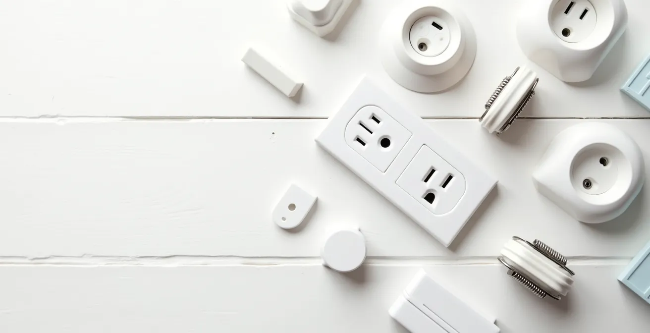 Ensemble de produits de sécurité pour chambre d'enfant disposés sur une surface blanche