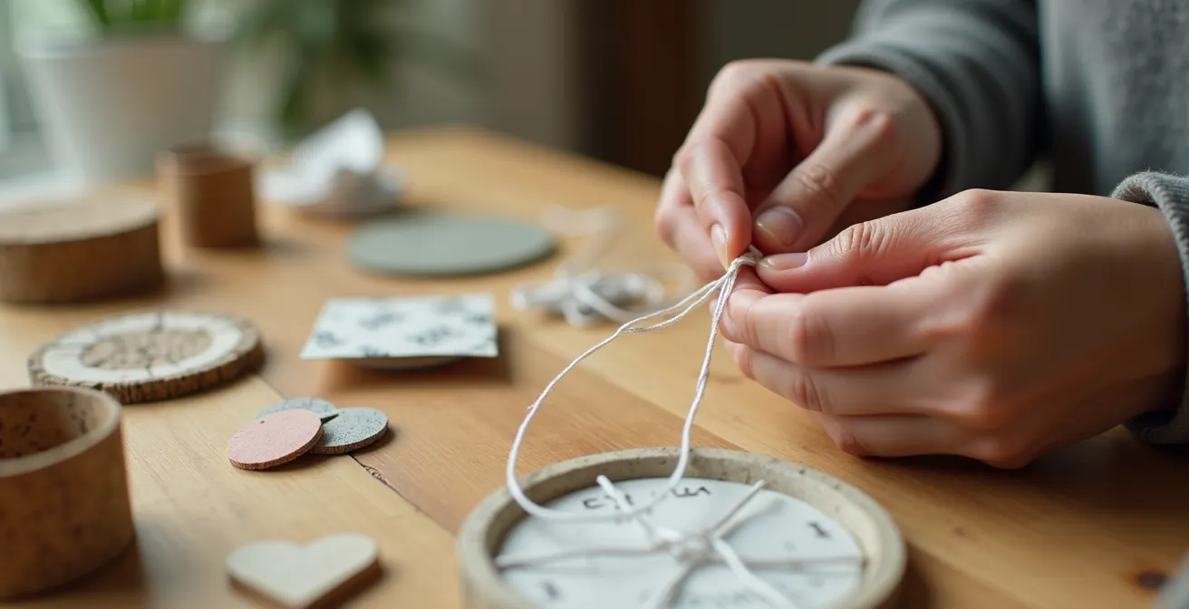 Mains assemblant délicatement un mobile Montessori avec des matériaux recyclés sur une table en bois