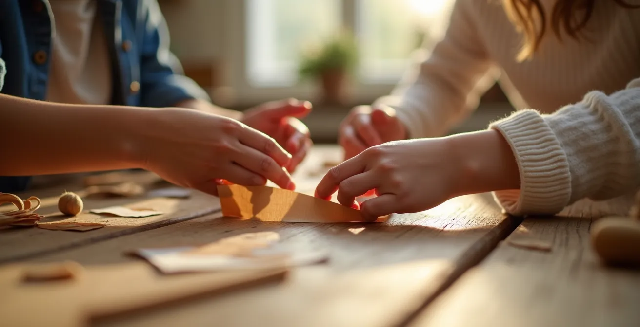 Mains d'enfant et de parent créant ensemble un lampion en papier recyclé