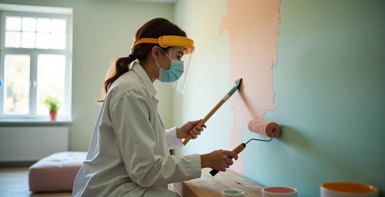 Vue d'ensemble d'une chambre d'enfant en cours de rénovation avec matériaux écologiques