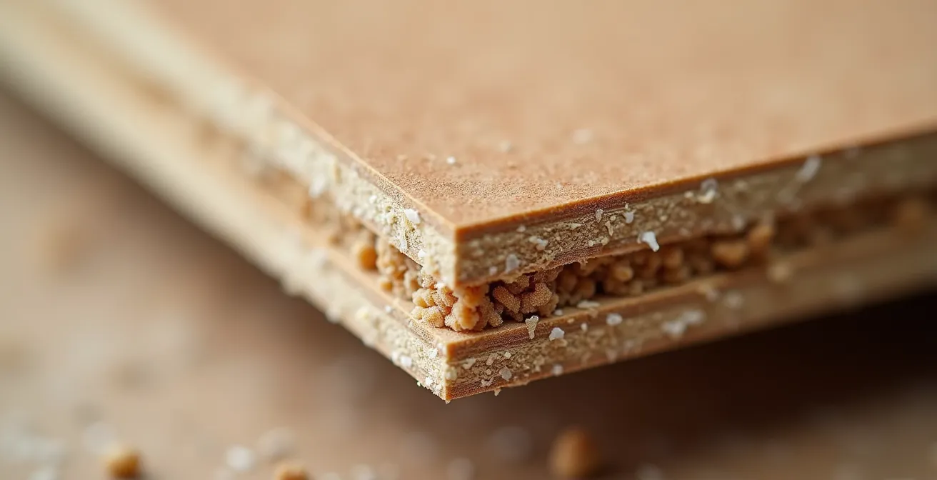 Vue macro d'une surface de meuble en bois aggloméré montrant sa texture composite