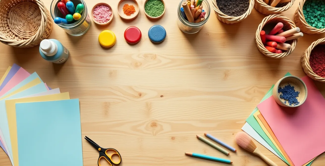 Vue plongeante d'une table d'activités manuelles avec matériaux colorés organisés pour enfant
