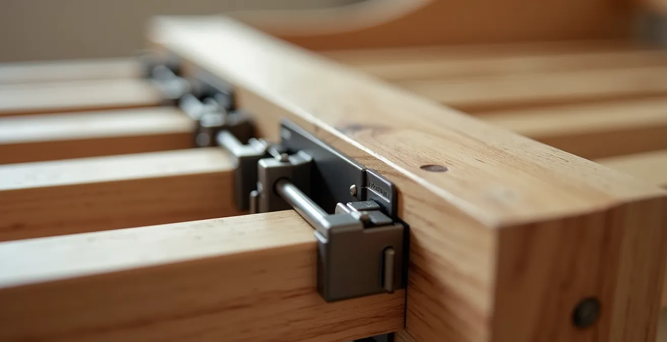 Gros plan sur les mécanismes de transformation d'un lit évolutif en bois massif