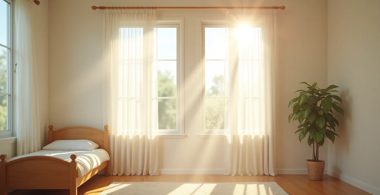 Vue large d'une chambre d'enfant avec deux fenêtres ouvertes créant un courant d'air, visualisant le renouvellement de l'air.