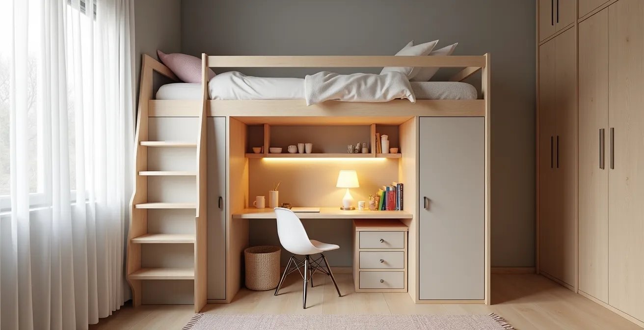 Aménagement d'un bureau sous lit mezzanine avec séparations dans une petite chambre d'enfant