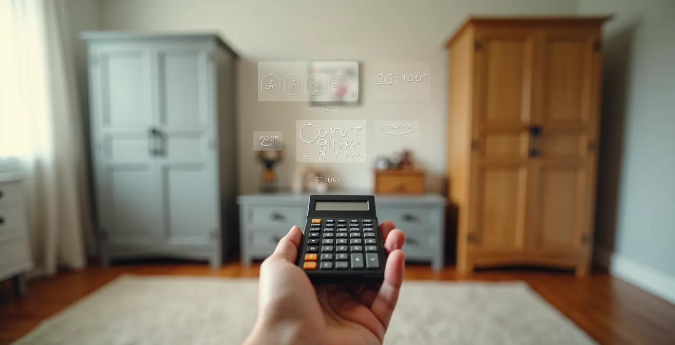Main tenant une calculatrice devant des meubles d'enfant avec des étiquettes de prix flottantes