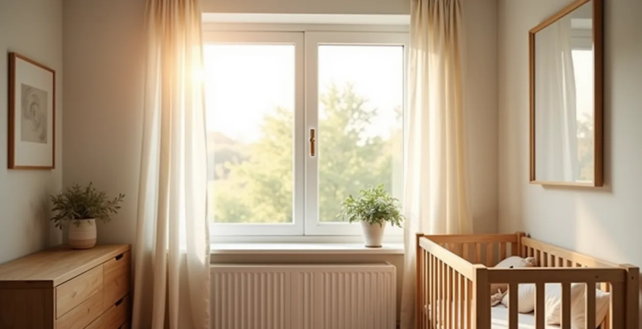 Chambre d'enfant baignée de lumière naturelle avec fenêtre ouverte pour l'aération