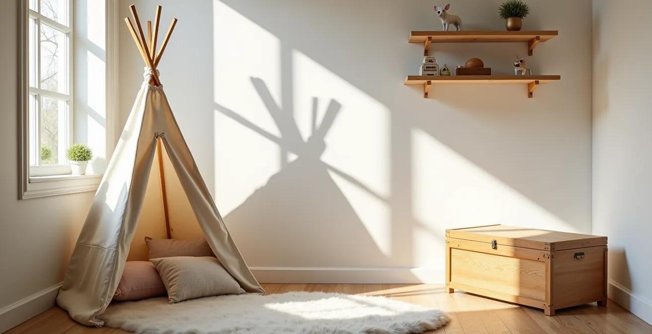 Coin lecture intimiste dans une chambre d'enfant avec tipi en lin et coussins naturels