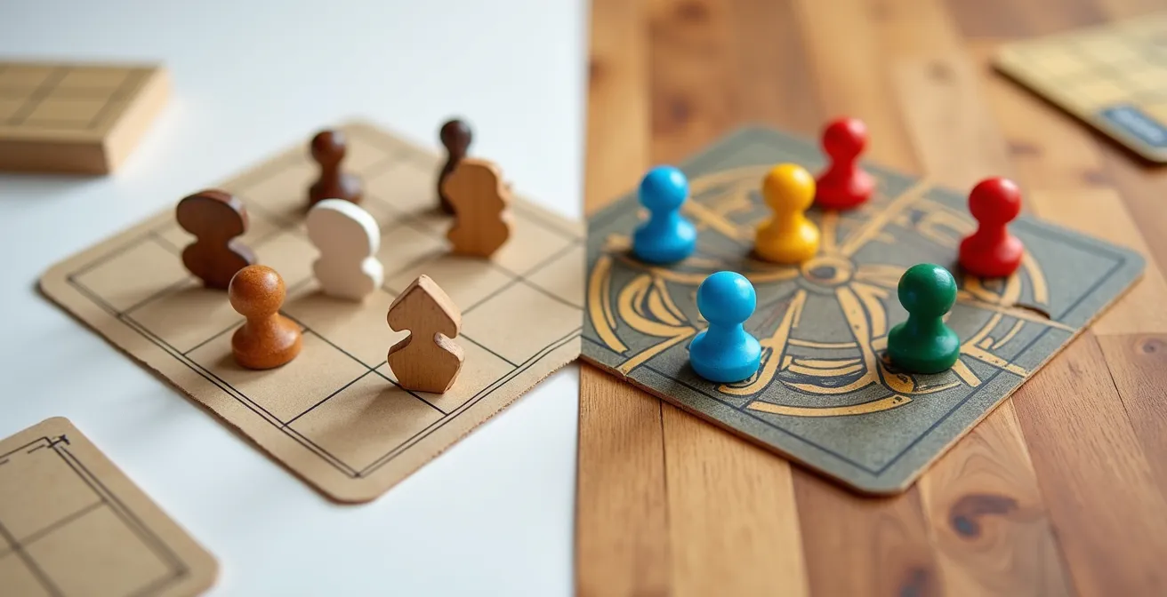 Comparaison visuelle entre un jeu éco-conçu en bois naturel et un jeu conventionnel en plastique brillant