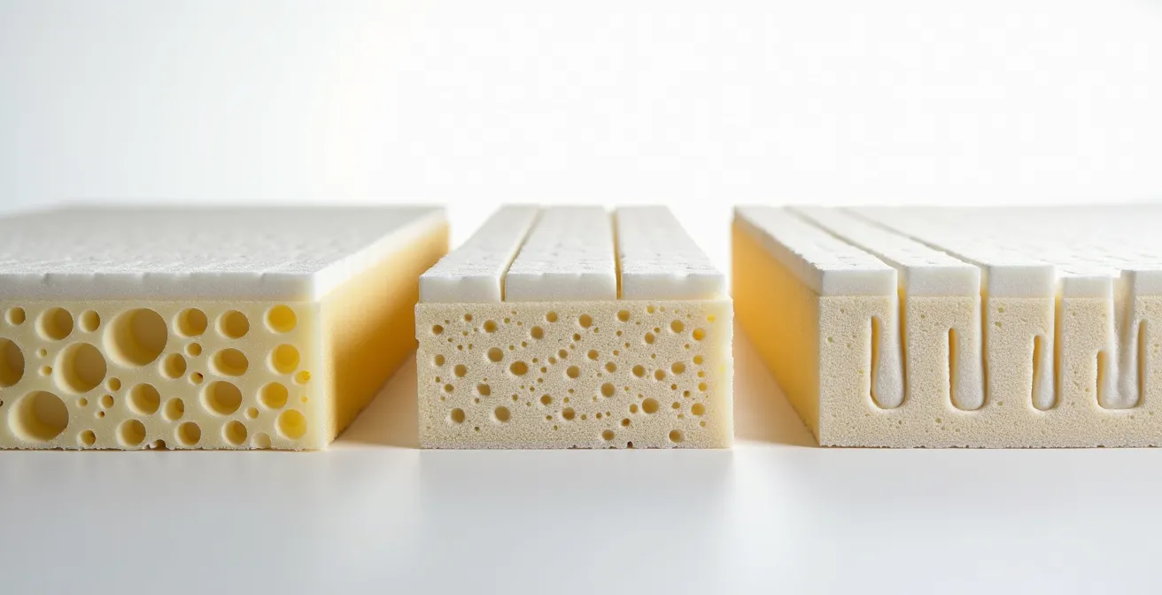 Coupe transversale de trois types de matelas montrant leur structure interne : mousse, latex et ressorts.