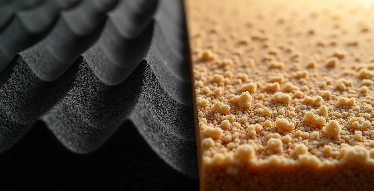 Comparaison macro de textures de mousse acoustique et panneau en laine de bois