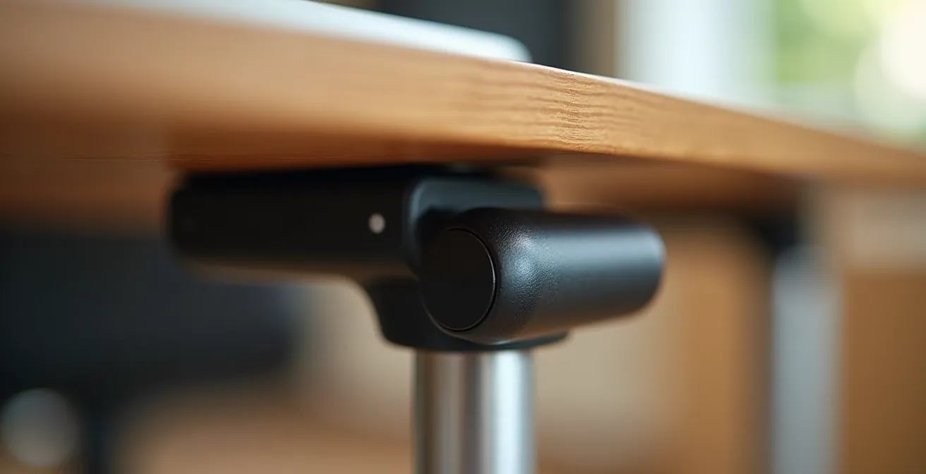 Gros plan sur un mécanisme de réglage pneumatique de bureau enfant