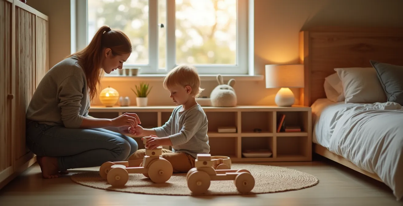 Chambre d'enfant avec étagère basse séparant l'espace jeu du coin sommeil