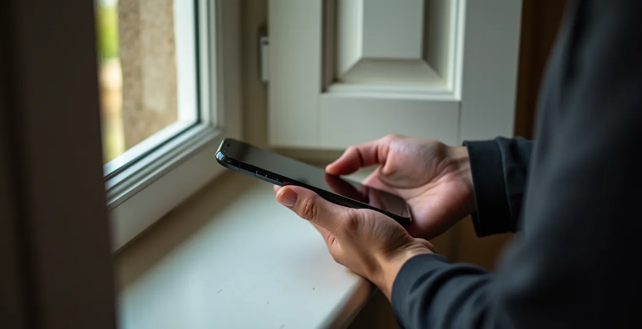 Main tenant un smartphone affichant une application de mesure acoustique près d'une fenêtre dans une chambre française