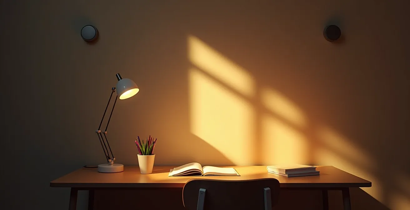 Configuration d'éclairage optimal avec trois sources lumineuses pour un bureau d'enfant