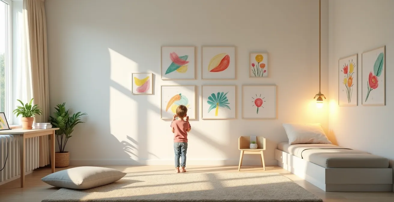 Enfant en train de décorer son lit cabane avec des guirlandes et dessins