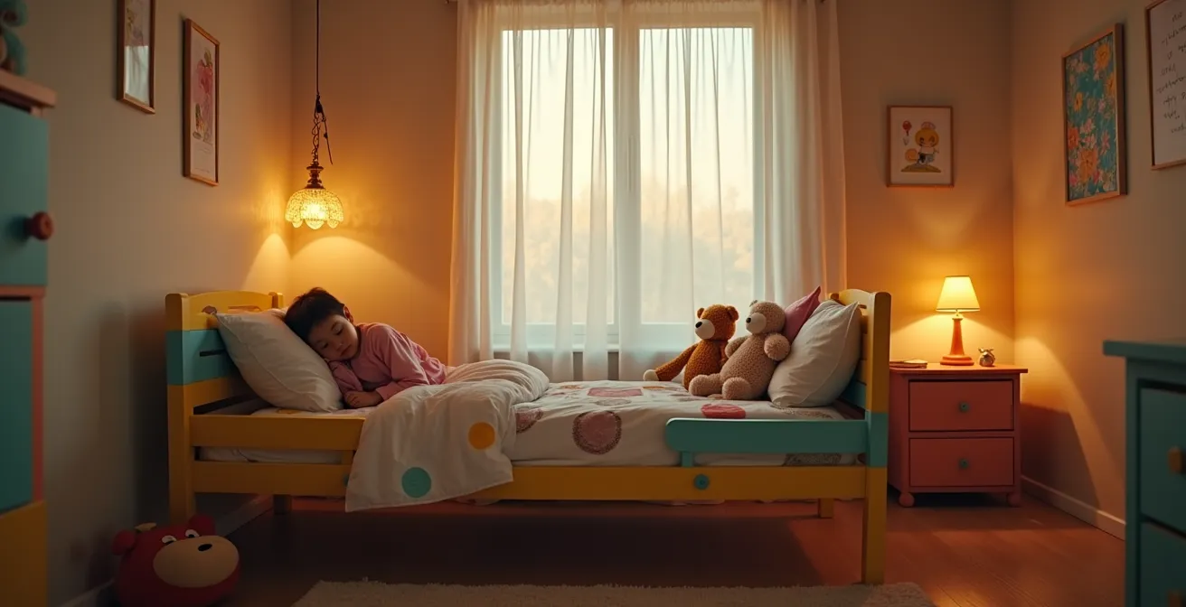 Enfant dormant sereinement dans son lit cabane qu'il a décoré lui-même