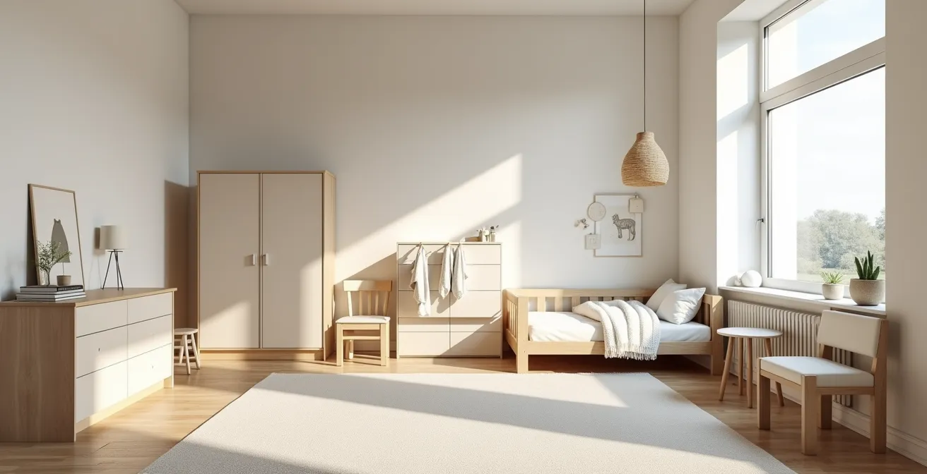 Vue panoramique d'une chambre d'enfant montrant trois configurations différentes du même mobilier évolutif
