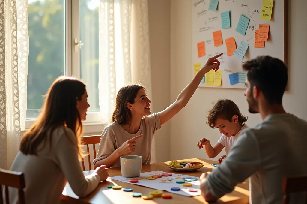 Famille organisant un planning de silence sur un tableau magnétique dans la cuisine