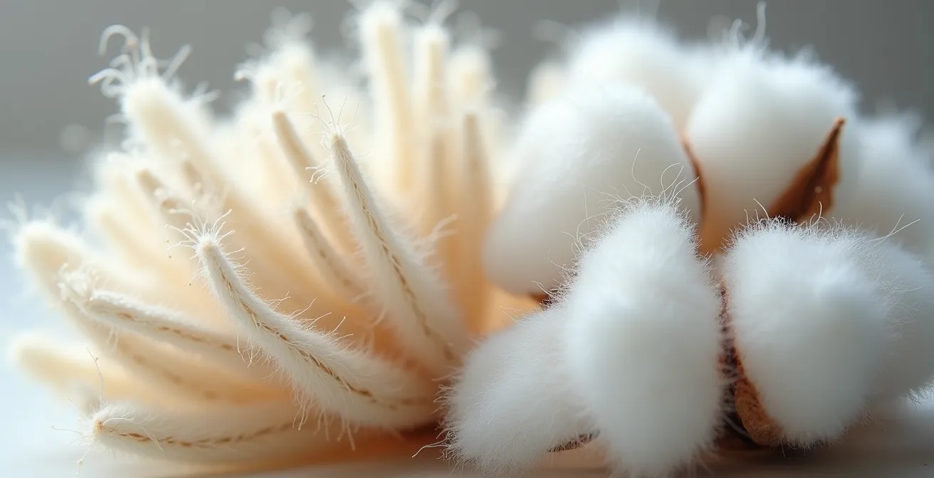 Vue macro comparative de fibres de lin et de coton montrant leur structure microscopique