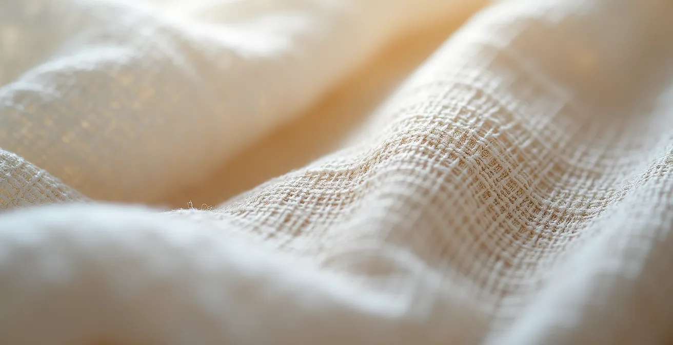 Gros plan sur des fibres textiles naturelles avec des formes abstraites symbolisant des labels de certification Oeko-Tex et GOTS