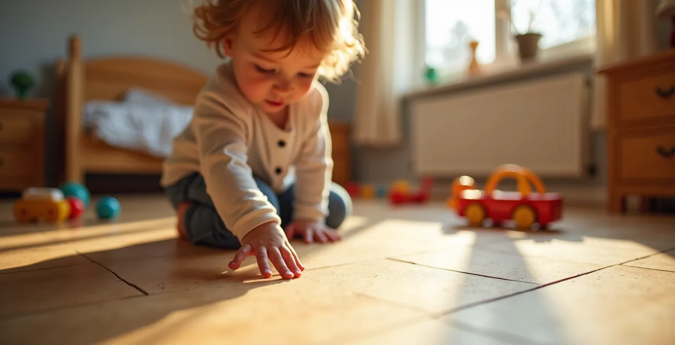 Sol en liège dans une chambre d'enfant avec jouets posés dessus montrant l'aspect sécuritaire
