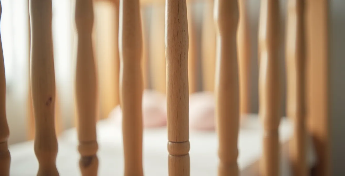Gros plan sur les barreaux d'un lit bébé aux normes avec espacement réglementaire