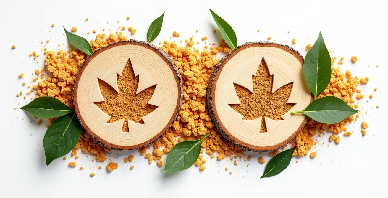 Composition artistique de copeaux de bois et feuilles créant des formes abstraites évoquant la certification forestière