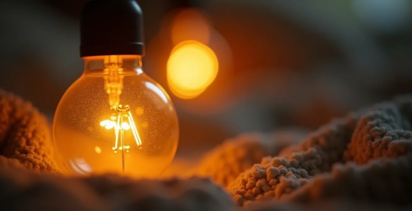 Chambre d'enfant baignée dans une lumière ambrée douce favorisant l'endormissement.