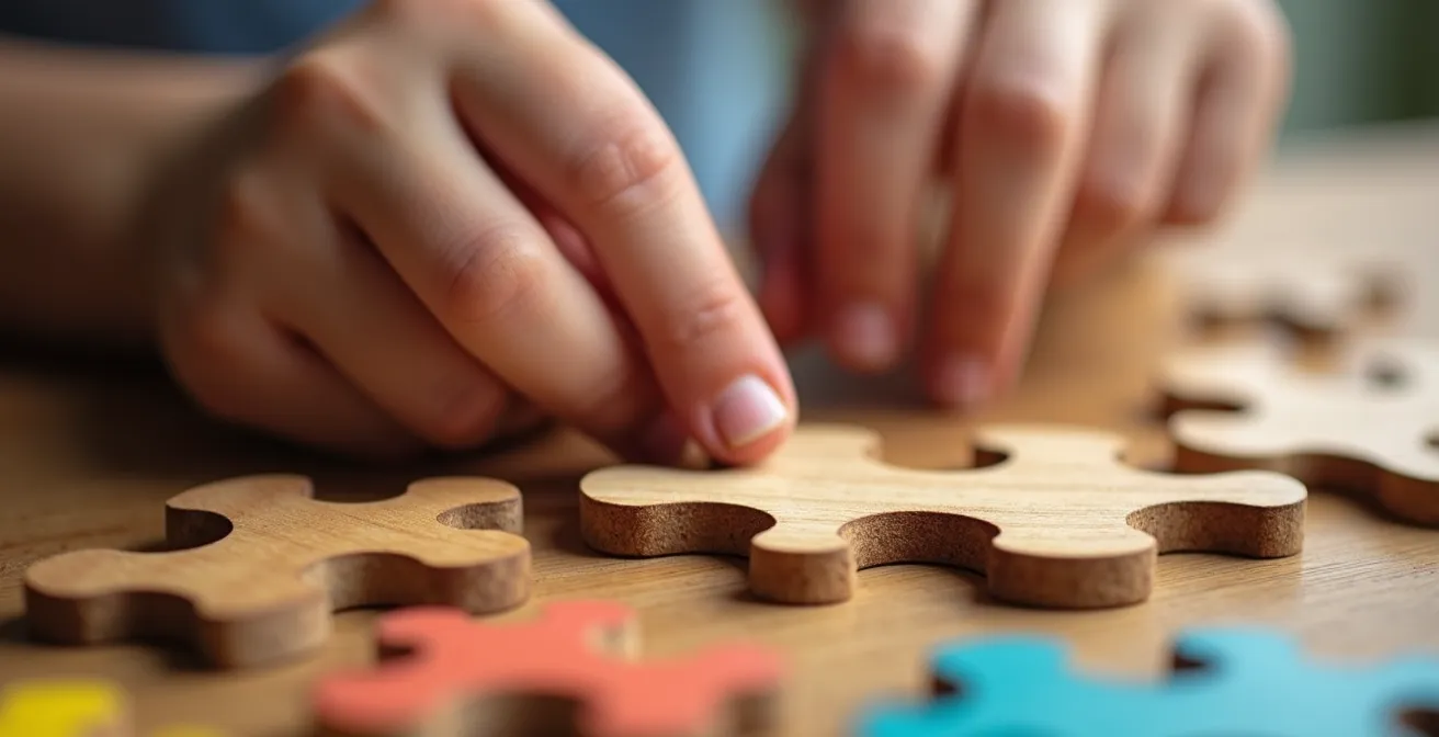 Mains d'enfant assemblant un puzzle en bois naturel sur une table en chêne
