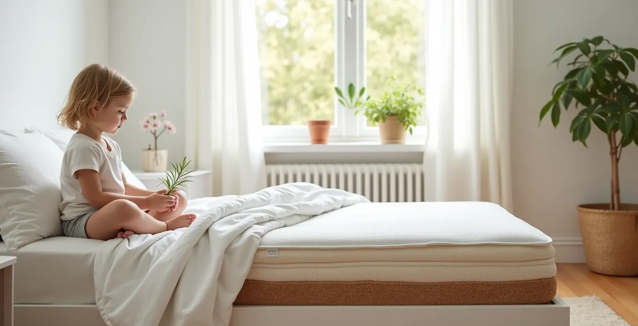 Matelas naturel pour enfant avec matériaux écologiques visibles comme le coton bio et la fibre de coco.