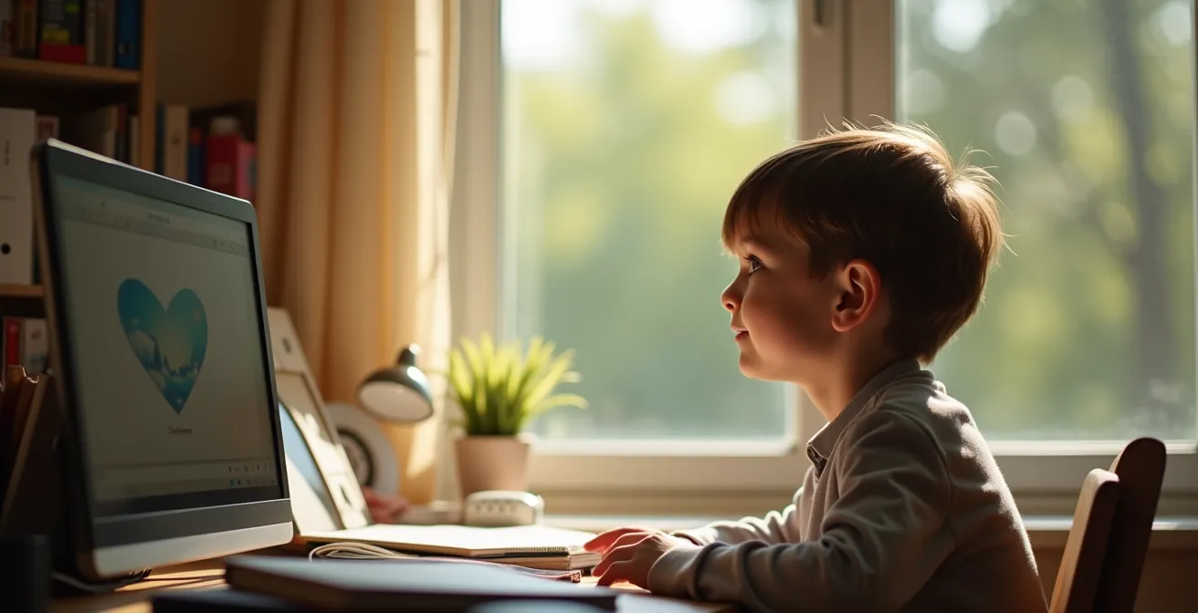 Enfant pratiquant la règle 20-20-20 en regardant par la fenêtre