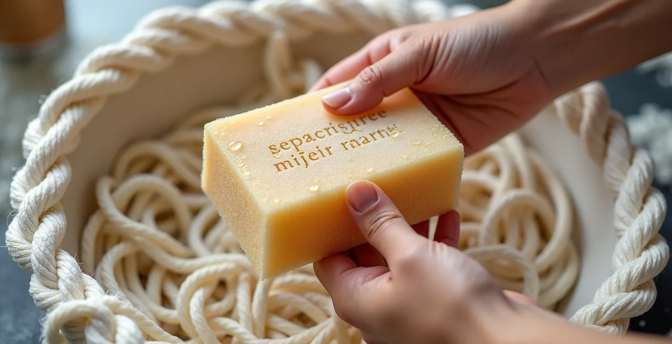 Gros plan sur des mains nettoyant délicatement une suspension macramé avec du savon de Marseille et une éponge naturelle