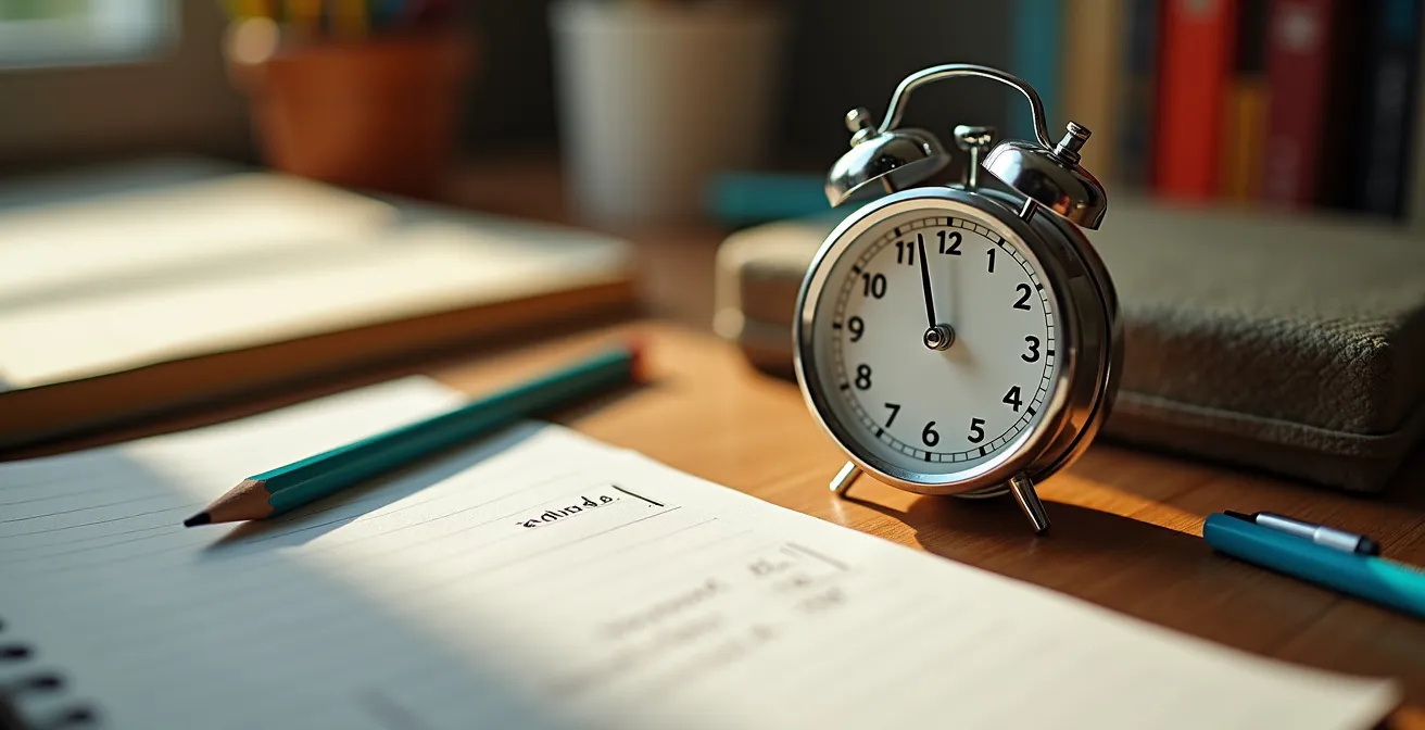 Bureau d'enfant organisé avec minuteur pour les pauses visuelles pendant les devoirs