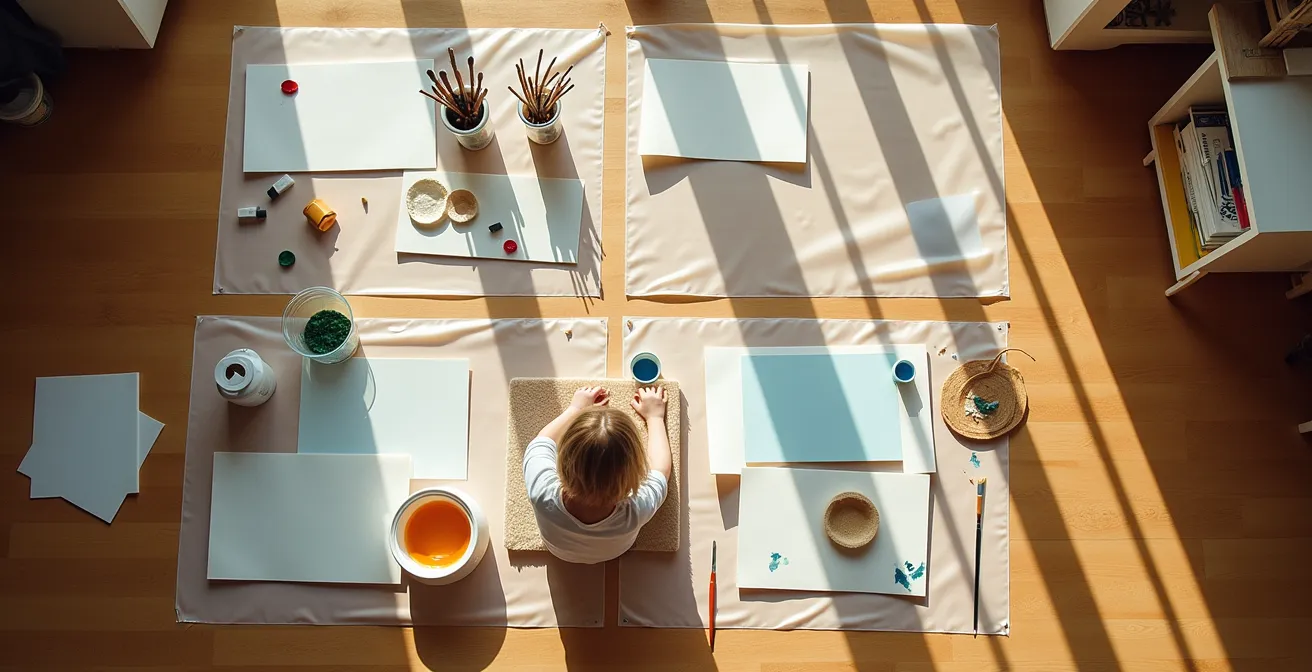 Vue aérienne d'un espace de peinture organisé en 4 zones distinctes avec matériel et protection