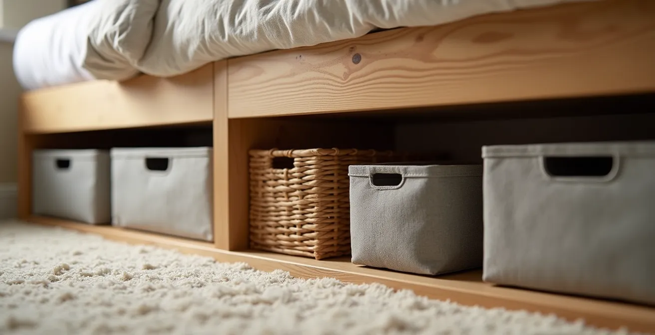 Système de rangement évolutif sous lit surélevé avec bacs colorés et étagères ajustables