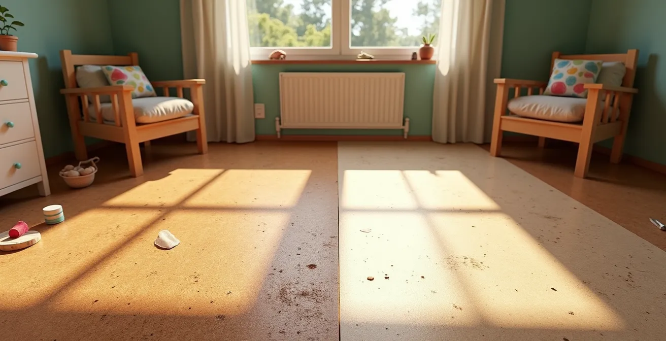 Vue d'ensemble d'une chambre d'enfant avec sol en liège rénové, montrant la différence avant-après