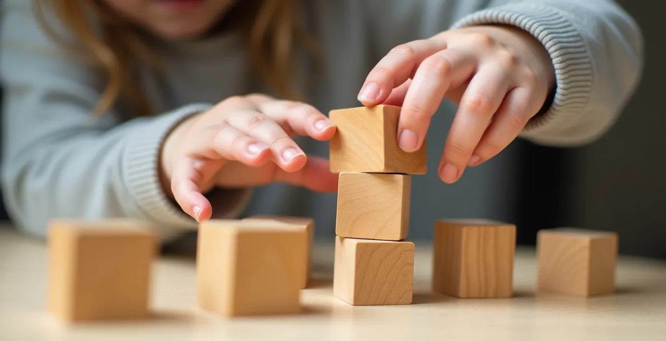 Enfant concentré jouant avec des blocs de construction dans un espace épuré