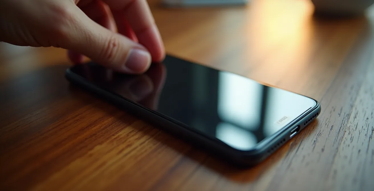 Main tenant un smartphone près d'une étiquette de meuble floue, avec reflets lumineux sur l'écran