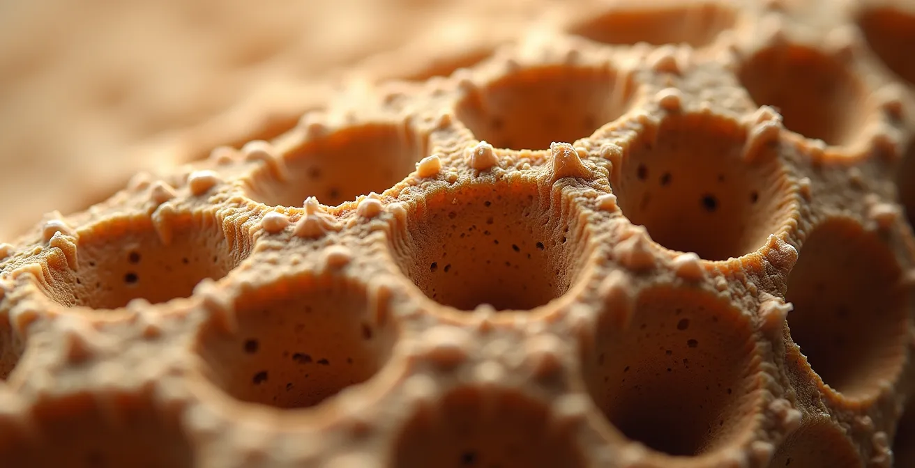 Vue macro de la structure alvéolaire du liège montrant les cellules d'air microscopiques